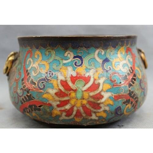 Bi001156 Tibet Cloisonne Bronze Gilt FengShui Lion Head Statue Bowl Incense Burner Censer