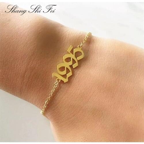 Old English Number Bracelet Special Date Year Number Bracelets for Women Jewelry 1980 to 2019Birth Year Bracelet