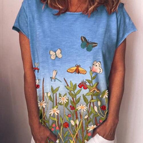 Women Short Sleeve V-Neck Tops Floral Butterfly Print Tee T-Shirt Casual Loose T Shirt Womens Clothing Plus Size