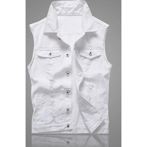 Denim Vest Lapel Hole 2021 White Vest New Korean Casual Slim Fit Mens Denim Vest Mens Denim Vest Trendy Vest Men Clothing