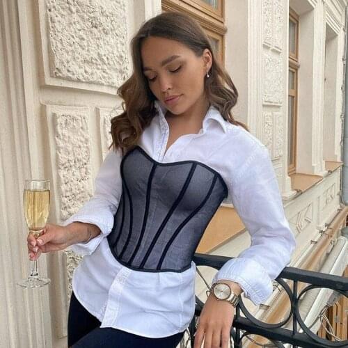 FNOCE 2021 new spring womens t-shirts fashion trends streetwear sexy nightclub see-though mesh Body shaping LACE UP crop tops