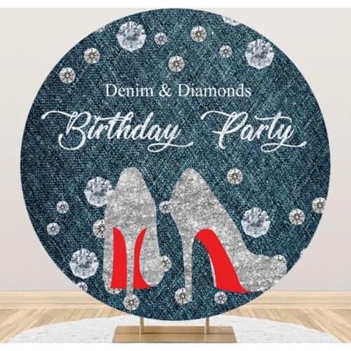 Happy Birthday Round Circle Background Backdrop Photography Cowboy Blue Denim Diamond High Heels Girls Bar Mitzvah Party Decor