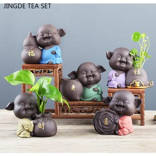 Chinese Lucky Purple Clay Tea Pet Flower Pot Ornaments Cute Pig Statue Handmade Tea Figurine Crafts Boutique Tea Set Decoration