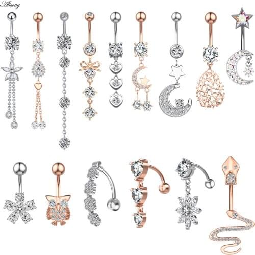 Alisouy 1pc Surgical Steel Zirconia Crystal Sexy Belly Ring Owl Star Moon Heart Flower Navel Piercing Women Button Ring Jewelry