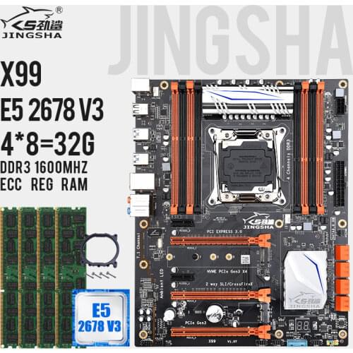 X99 LGA 2011-V3 Motherboard Set With E5 2678V3 and 4*8gb=32gb DDR3 1600MHZ ECC REG RAM Support M.2 SSD,SATA3.0,USB3.0