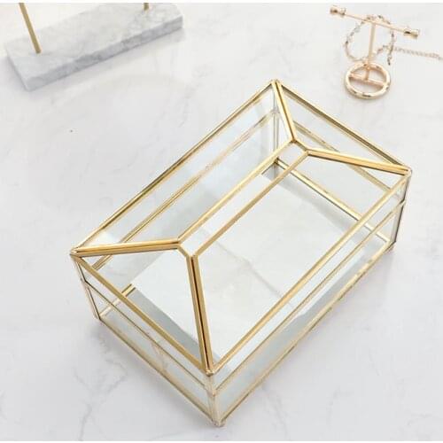 Brass Glass Tissue Box Creative Mirror Paper Box Household Dustproof Storage Box Simple and Light Luxury