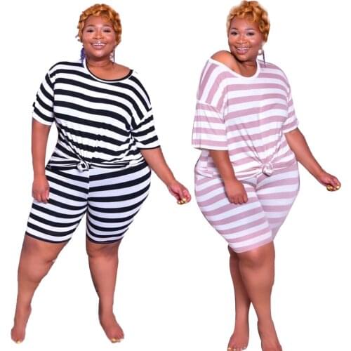 Best Sale Classic Stripes Women Casual Tracksuits Plus Size 2020 XL---5XL O Neck Half Sleeve Loose T Shirt Big Size Shorts Sets