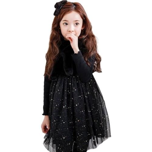 Black Girls Dresses Velvet Long Sleeve Princess Party Frocks Fall Winter Bling Stars Tulle Dress Christmas Childrens Clothes