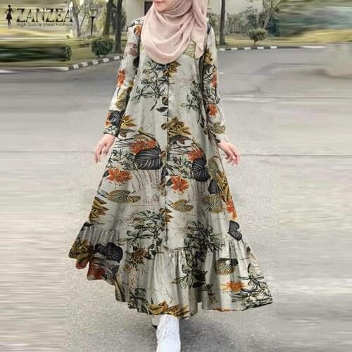 ZANZEA Muslim Women Vintage Floral Printed Abaya Turkey Hijab Dress Spring Long Sleeve Kaftan Vestido Ruffles Sundress Plus Size