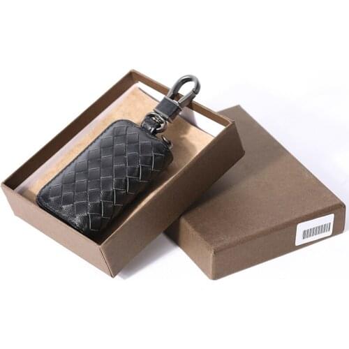 Sheepskin woven car key bag mens leather car key case womens large zipper key bag key chain