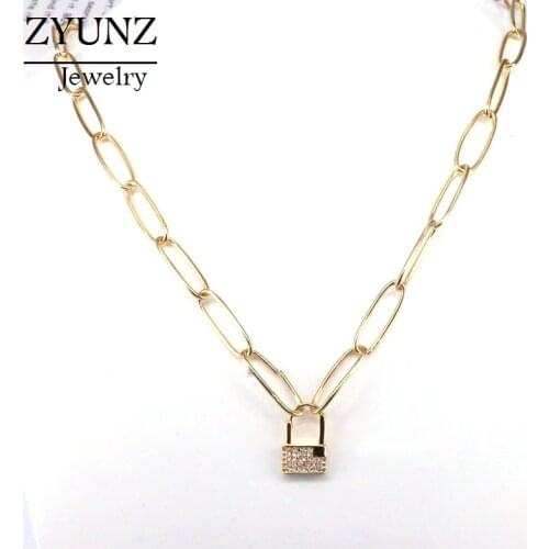 3PCS, Gold Color Fashion Crystal Lock Pendant with Punk Chain Necklaces For Couple Jewelry