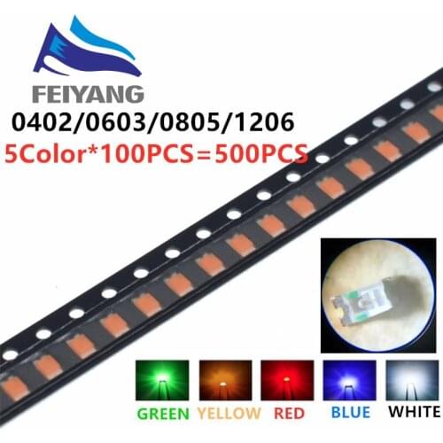 5 x 100pcs/Color=500pcs New 1206 0805 0603 Red/Green/Blue/White/Yellow SMD LED kit