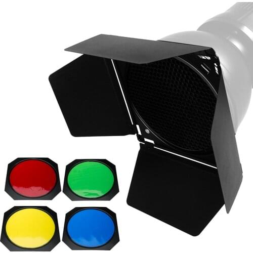 BD-04 Barn Door Standard Reflector + Honeycomb Grid + 4 Color Filter for Flash DE300 DE400 SK300 SK400 QT600 DP600
