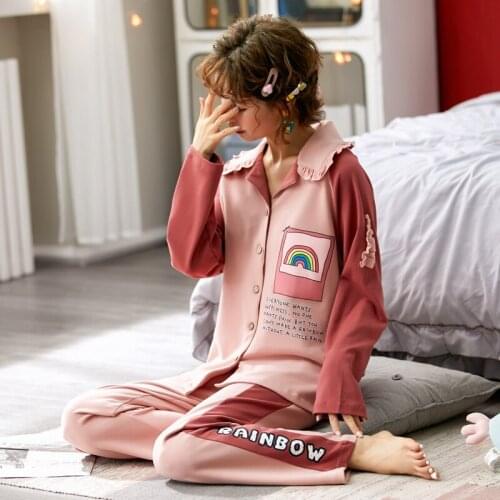 Spring And Autumn 100% Cotton Women Long Sleeve Pajama Set Pijama Long Tops+Long Pants Two Pieces Set Pyjamas
