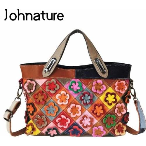 Johnature 2021 New Genuine Leather Women Bag Plaid Color Matching Shoulder Bags Leisure Soft Cowhide Big Capacity Handbag
