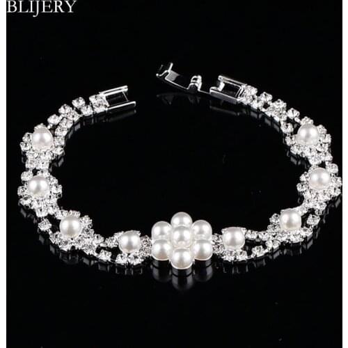 BLIJERY Bridal Simulated Pearl Flower Bracelets for Women Silver Color Crystal Femme Bracelets & Bangles Wedding Party Jewelry