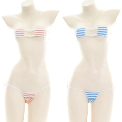 Japanese Sexy Lingerie Lolita Kawaii Blue Pink White Striped Mini Bikini Adult Cosplay Erotic Costumes Bra Women Underwear Set