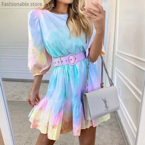 Women Lantern Sleeve Print A-line Dress Sweet Round Neck Sash Ruffle Dress