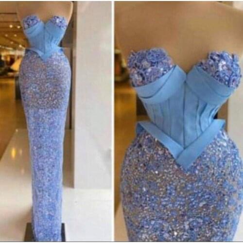 Sexy Sequined Mermaid Prom Dresses Illusion Blue Beading Sleeveless Evening Gowns Party Dress For Women Robe De Soiree