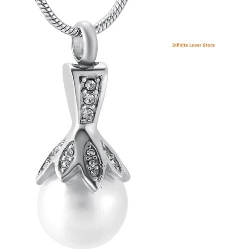 IJD9932 Crystal Flower Hold Real Pearl-Stainless Steel Golden Cremation Necklace Jewelry Ashes Holder for Women