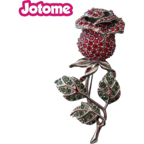 100pcs/lot Womens Austrian Crystal Blooming Rose Flower Leaves Pin Brooch