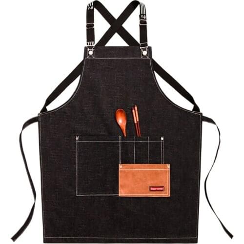 2021 Chef Apron Cotton Canvas Cross Back Adjustable Apron with Pockets for Women and