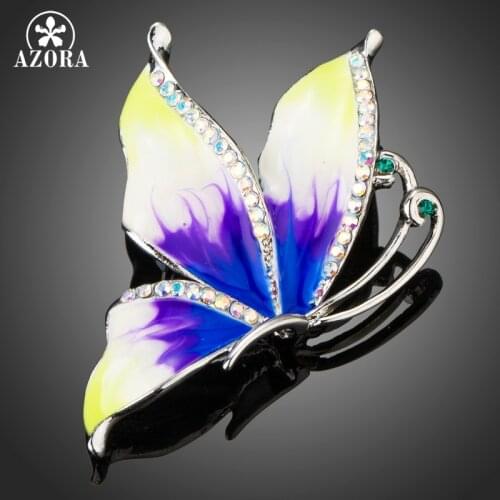 AZORA New Arrivals Tiny Rhinestone Paved Elegant Oil Painting Pattern White Gold Color Leaf Shape Brooches for Women Gift TP0078