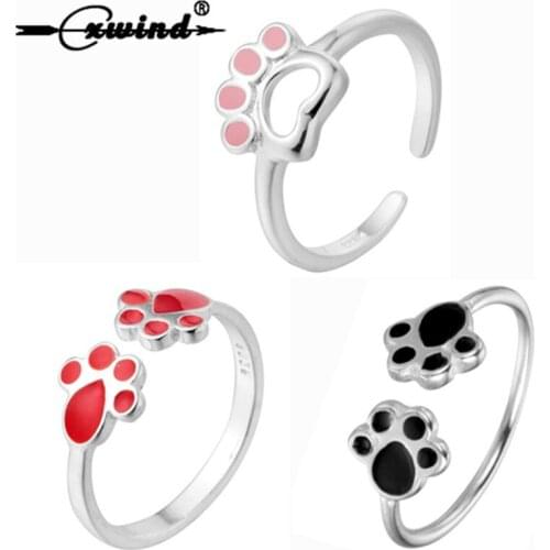 Cxwind Enamel Dog Paw Puppy Rings Fashion Charm Animal Cats Paws Ring Wedding Anniversary Accessory Heart Jewelry Gift