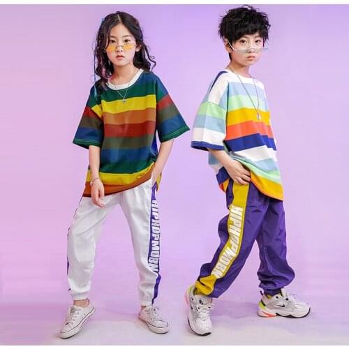 Child Hip Hop Clothing Rainbow Striped Oversized T Shirt Tops Running Casual Pants Girls Boys Ballroom Jazz Dance Costume Wear