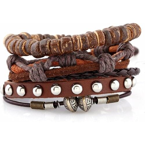 DIY 3 Pcs/set Punk Vintage Wrap Beads Woven Rivets Charm Brown Men Leather Bracelets For Women Homme Femme Jewelry Accessories