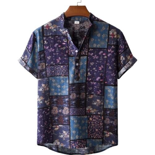Hawaiian Shirts Male Vintage Plaid Patchwork Short Sleeve Camicias Comfy Leisure Time Button Up Blusas Cotton And Linen Chemise