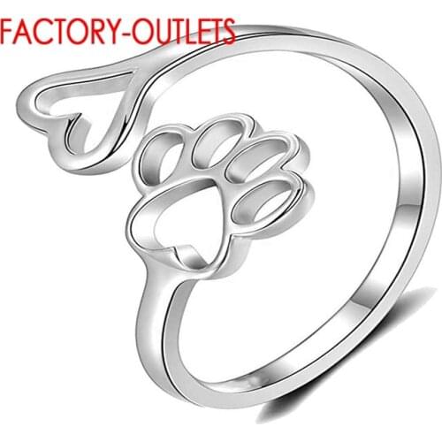 100% 925 Sterling Silver Trendy Heart Footprint Opening Finger Rings For Women Adjustable Size Girls Birthday Gift Jewelry
