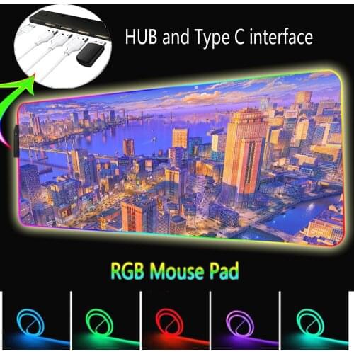 City Neon Gaming Pc Mouse Pad Xxl Rgb with USB Hub 4 Ports LED Backlight Computer Office Notebook Desk Mat Anime Carpet Rug Xl