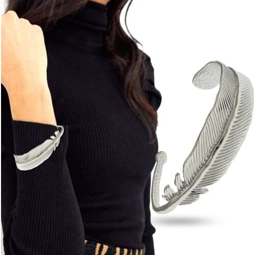 Angel Feather Textured Leaf Metal Open Bracelet Bangle Cuff Vintage Biker Boho Women Accessories Statement Gift Holiday Western
