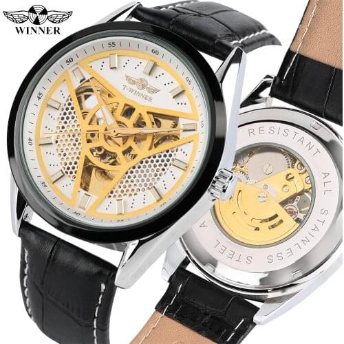 Fashion Skeleton Mechanical Watch for Men Black Leather Band Automatic-self-winding Watch for Women Creative Triangular Dial