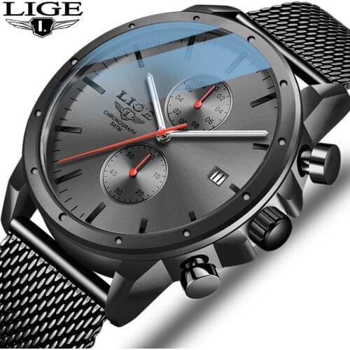 Mens Watches LIGE Top Luxury Brand Business Watch Men Chronograph Full Steel Waterproof Analog Quartz Wristwatch Male Clock+Box