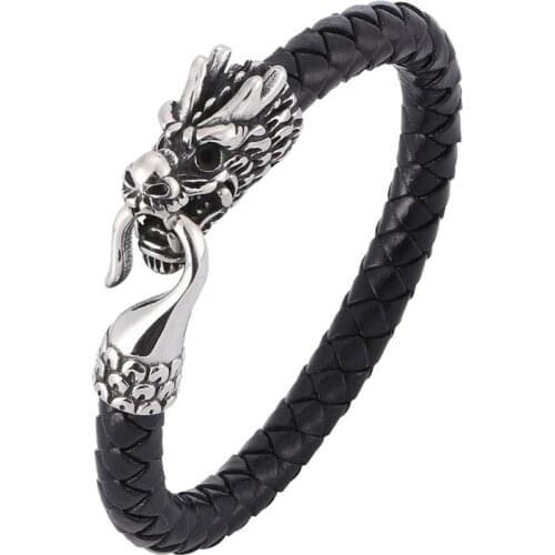 Men Jewelry Round Rope Weaving Men Leather Bracelet Stainless Steel Fashion Male Vintage Accessories Dragon Head Bracelet BB0391