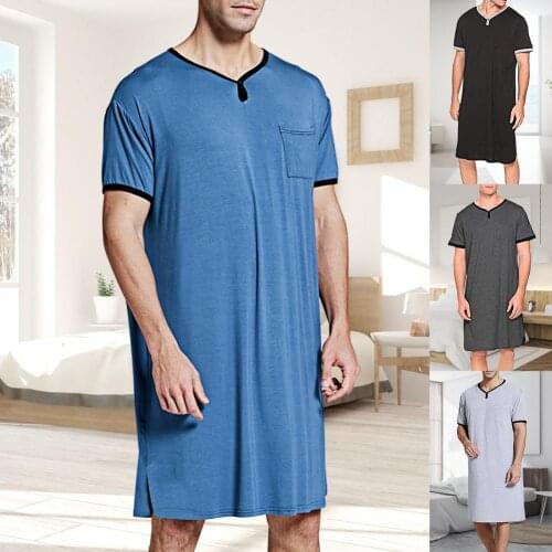 2021 new High quality Men Short Sleeve O Neck Pocket Nightdress Loose Knee-length Nightgown Homewear drop shipping