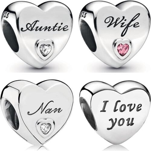 Original Auntie Wif Grandmother Nan Love Heart I Love You Beads Fit Pandora Bracelet 925 Sterling Silver Charm Diy Jewelry