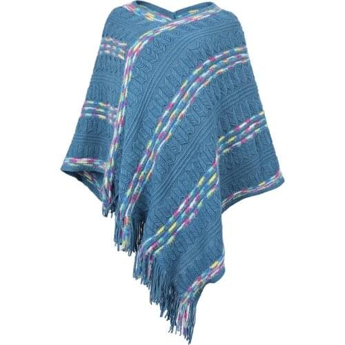 Poncho Women 2021 Autumn Winter Fashion Rainbow Striped Oversized Sweaters Shawl Coat Female Knitted Pullovers Tassel Cloak