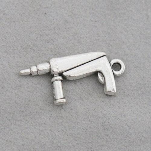 RAINXTAR 20pcs Fashion Antique Silver Color Electric Tool Charms Electric Drill Shape Hardware Tool Charms 12*27mm AAC1320