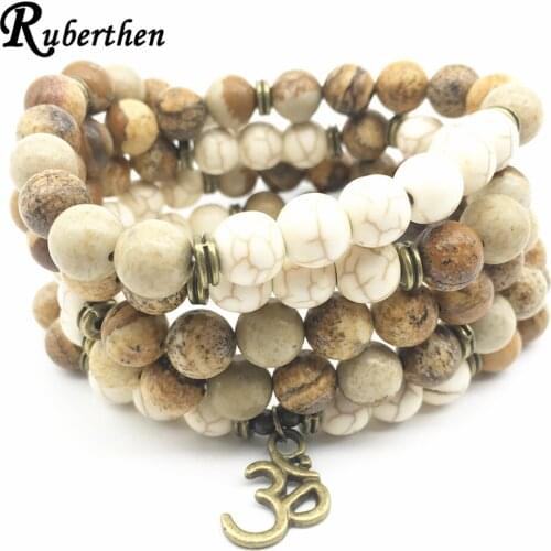 Ruberthen 2018 On Sale Bracelet for Women Picture Stone White Turquoises 108 Mala Bracelet or Necklace Ohm Charm Yoga Bracelet