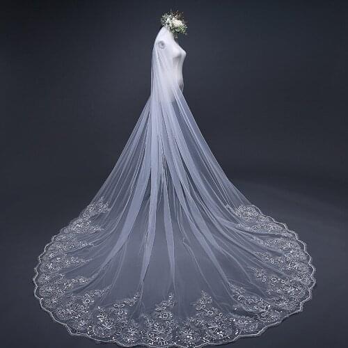 2021 New Style Korean Style Appliques One Layer Sequin 3m Lace Ivory Wedding Veil for Bride Gorgeous Long Bridal Veils