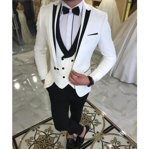 3 Piece Wedding Tuxedo for Groom White and Black Slim Fit Formal Men Suits Male Fashion Jacket Waistcoat with Pants Custom 2021