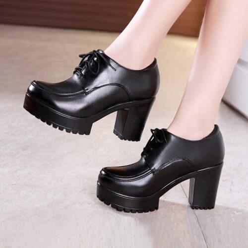2019 high heel platform single shoes work shoes England thick with round head shoes deep mouth