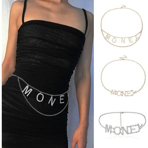 Q Belt Chain Fashion Rhinestone Letter Waist Chain Crystal MONEY Letter Belly Chain Women Waistband Belt Body Jewelry Gift