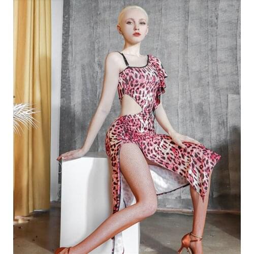 Hollow Out Women Sexy Dance Dress One Shoulder Leopard Practice Wear Latin Samba Cha Cha Tango Dance Cloth