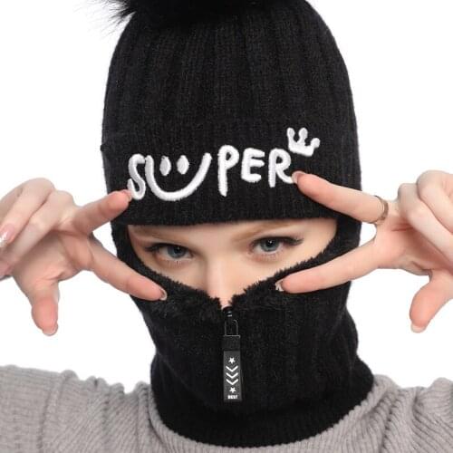 Winter Hats Set Women Knitted Wool Hat Mask Lady Warm Velvet Thick Cycling Skullies Beanies Female Hat Jumper Collar Cap