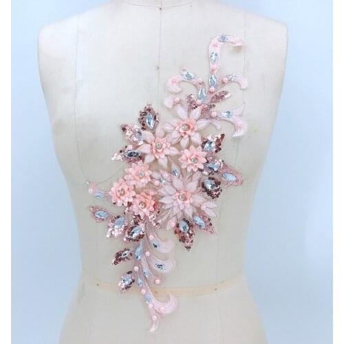 1 Piece Pink Lace Applique Fake Pearl Beaded Lace Trim Mesh Fabric Paillette Lace Accessories Braid Sequins Patch Free Shipping