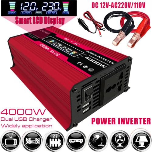4000W LED Display Car Power Inverter Converter Adapter Dual USB Voltage Modified Sine Wave Transformer 12V to 220V/110V
